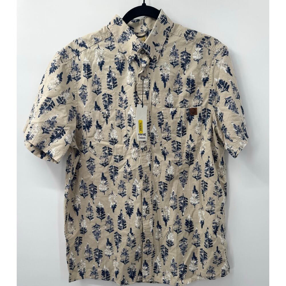 Solaris Outdoors Men's Tan & Blue Tree Med Short‎ Sleeve Cotton Button Up Shirt